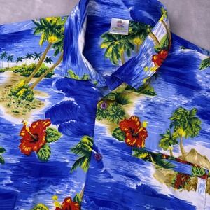 Rima Beachworld Men XL Hawaiian Shirt Blue Tropical Hibiscus Terivoile Button Up